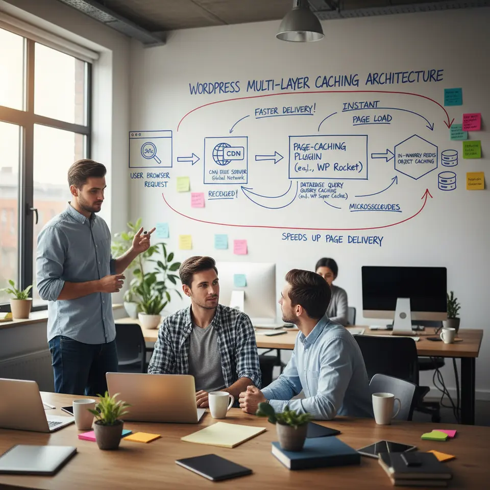 A dynamic, multi-layer caching architecture for WordPress: show a user’s browser request hitting a CDN edge server, then a static HTML snapshot from a page-caching plugin, followed by database query caching and in-memory Redis object caching—all annotated to illustrate how each layer speeds up page delivery.