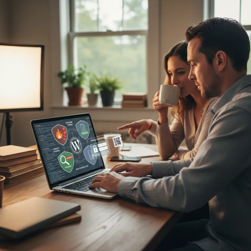 A multi-layered WordPress security shield: depict an endpoint firewall blocking threats, automated malware scanning repairing files, brute-force login protection with two-factor authentication prompts, and audit-log files—all integrated around a secure WordPress installation to convey a robust defense system.