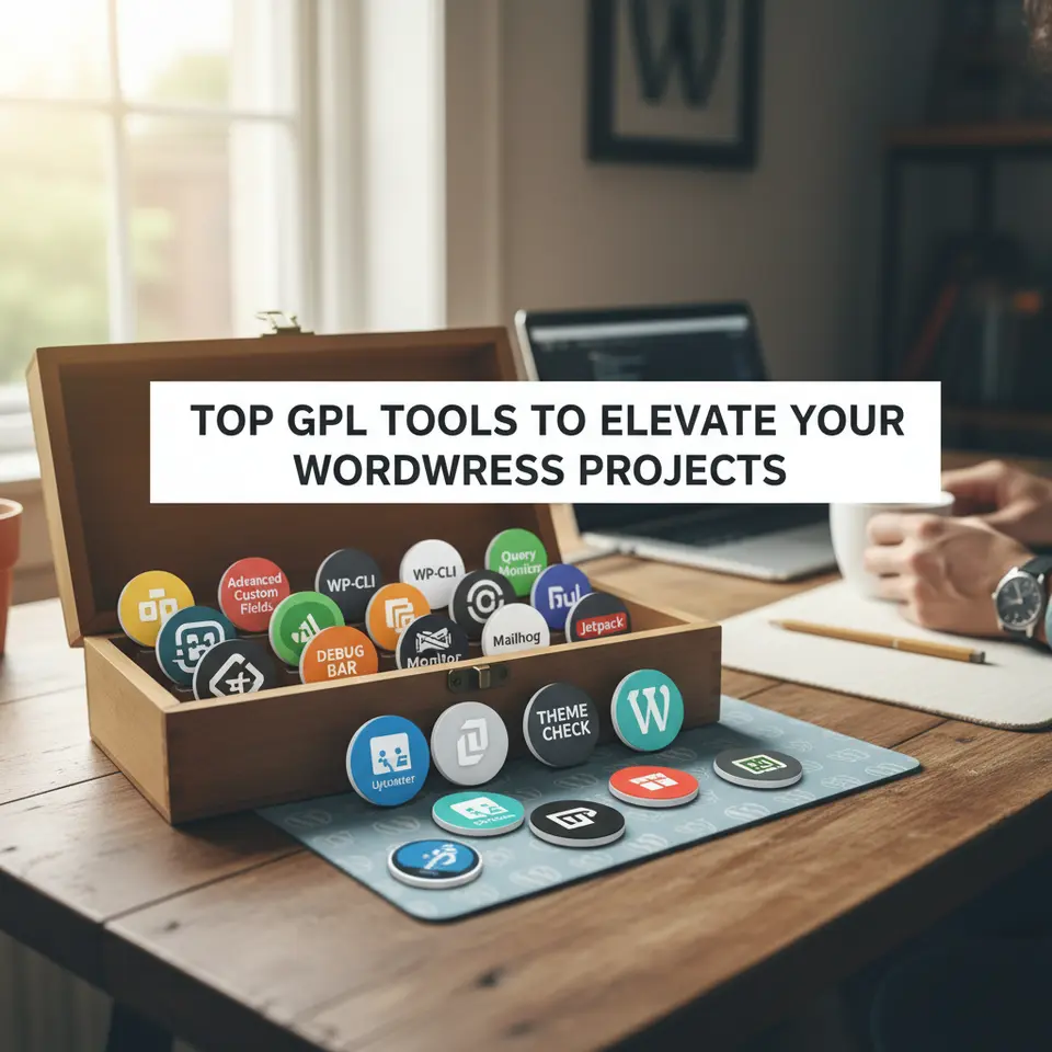 An illustrated developer’s toolbox overflowing with labeled plugin and tool icons—Advanced Custom Fields, WP-CLI, Query Monitor, Mailhog, Theme Check, Debug Bar, Jetpack, and GitHub Updater—arranged neatly on a WordPress-themed background to represent the “Top GPL Tools to Elevate Your WordPress Projects.”