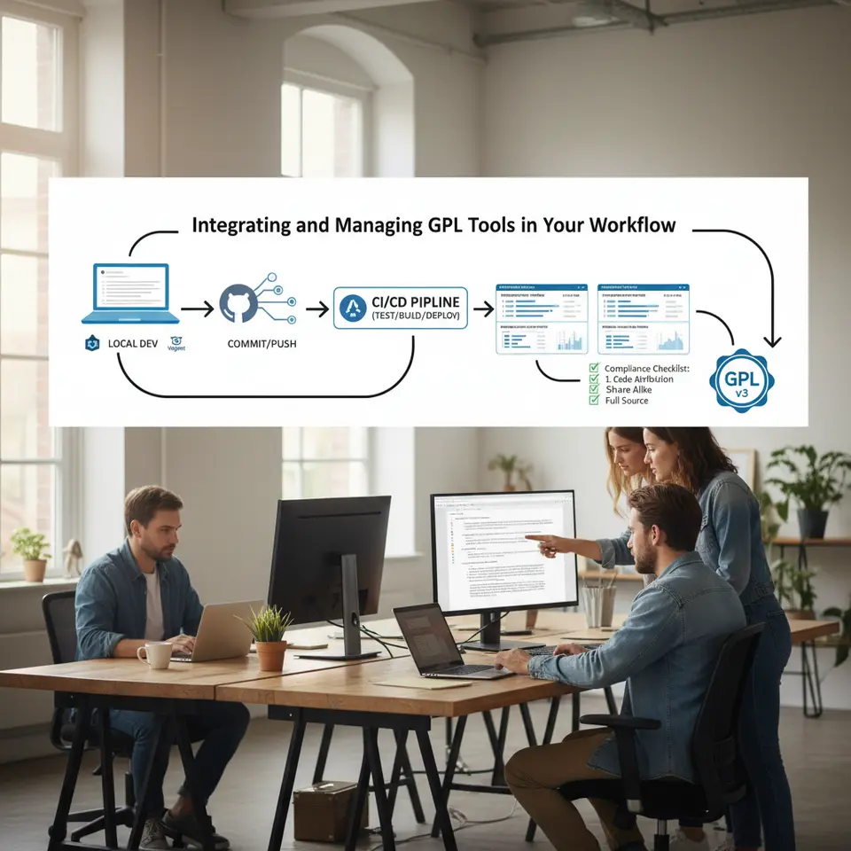 A clean, step-by-step DevOps workflow diagram showcasing: a local development machine with Docker/Vagrant logos, a Git repository with branching, a CI/CD pipeline (e.g., GitHub Actions), performance monitoring dashboards (Query Monitor/New Relic), and a GPL license badge with a compliance checklist—all connected by arrows to illustrate “Integrating and Managing GPL Tools in Your Workflow.”