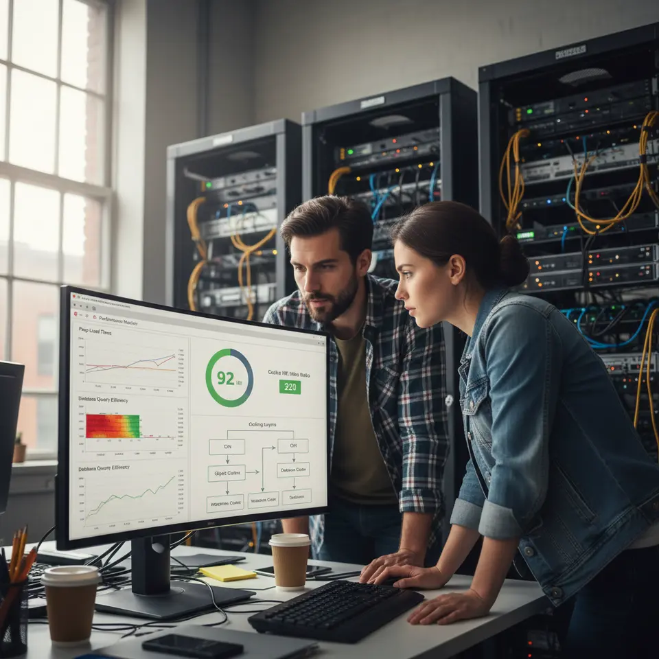 A performance‐profiling dashboard for a WordPress site: stacked server racks and a web browser window showing real‐time graphs of page load times, database query heat maps, cache hit/miss ratios, and a simplified flow diagram of page, object, and database caching layers.