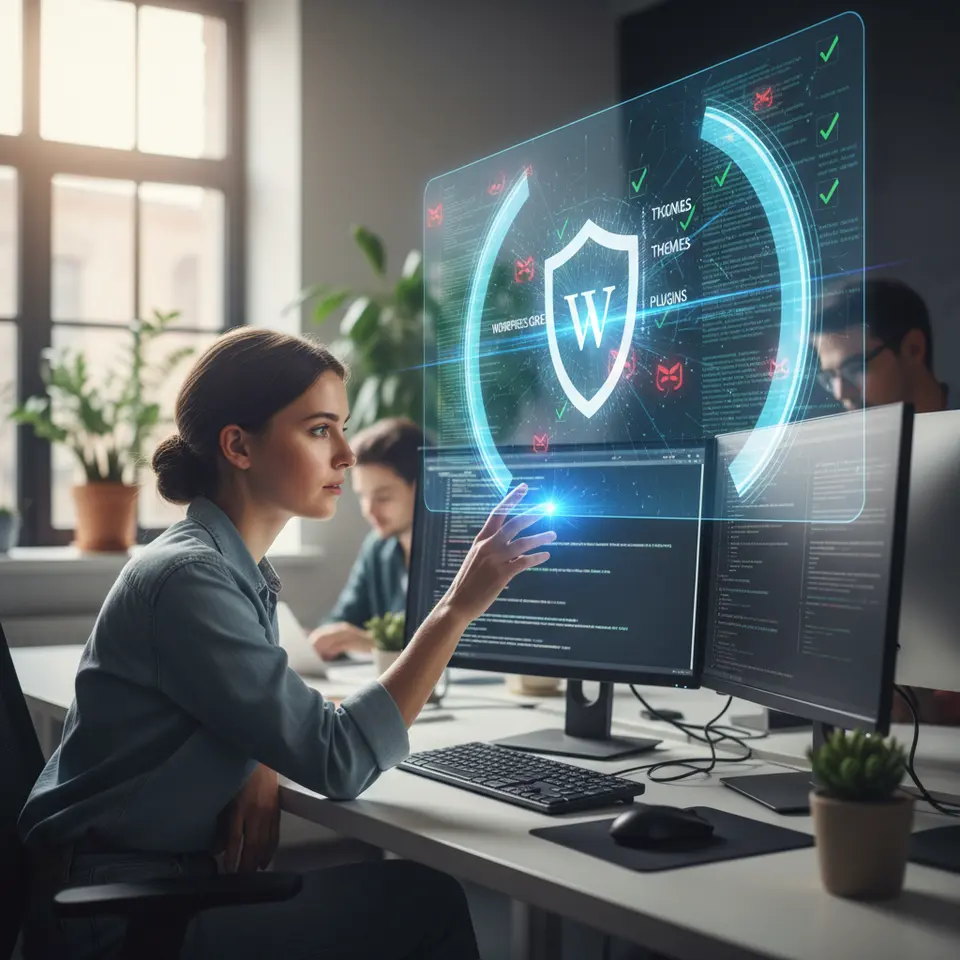 An automated security scanning and firewall integration concept: a shield emblem overlaying WordPress core files, themes, and plugins being scanned by digital beams or laser lines, with threat icons (malicious code snippets, hacker masks) deflected by a firewall wall, and a background of audit logs or compliance checkmarks.