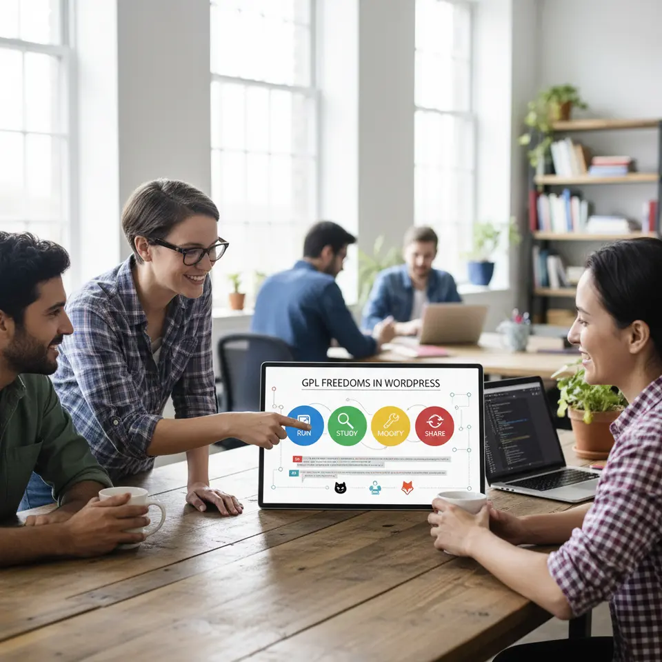 An infographic depicting the four fundamental freedoms of GPL tools in WordPress: Run (play ▶️ icon), Study (magnifying glass 🔍 icon), Modify (wrench 🔧 icon), and Share (arrows 🔄 icon), surrounded by community collaboration elements like GitHub/GitLab logos and code snippets.