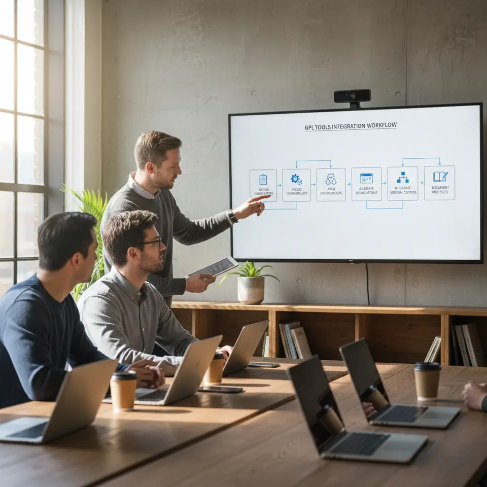 A clean, step‐by‐step flowchart illustrating the six-stage integration workflow for GPL tools in WordPress: 1) Define Requirements (clipboard icon), 2) Assess Compatibility (gear and checkmark), 3) Build Local Environments (Docker or VM icon), 4) Automate Installations (terminal/CLI icon), 5) Integrate Version Control (Git branch icon), 6) Document Processes (notebook icon).